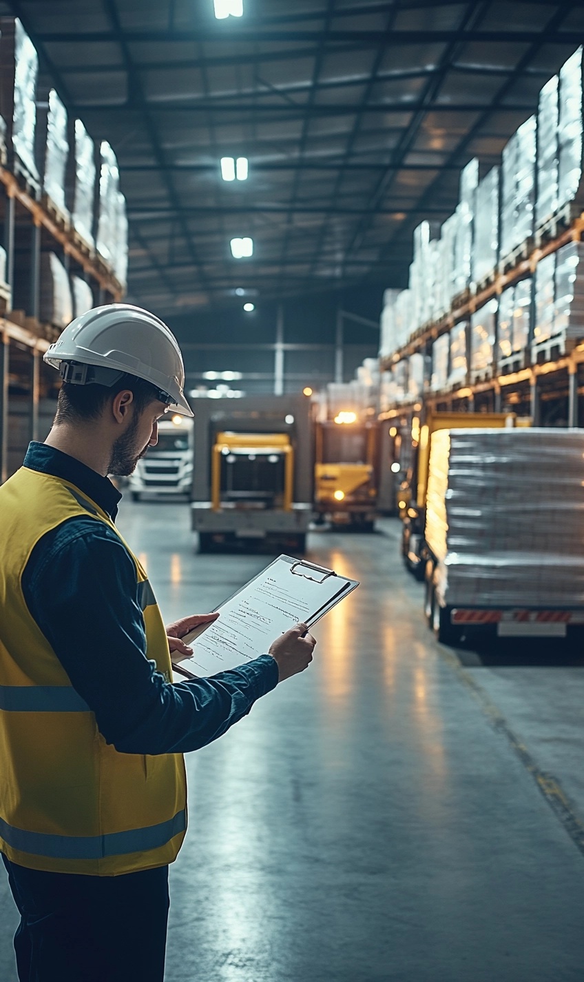 warehouse-logistics-manager-shipping Logistics manager overseeing warehouse shipping operations with workers loading freight onto trucks.